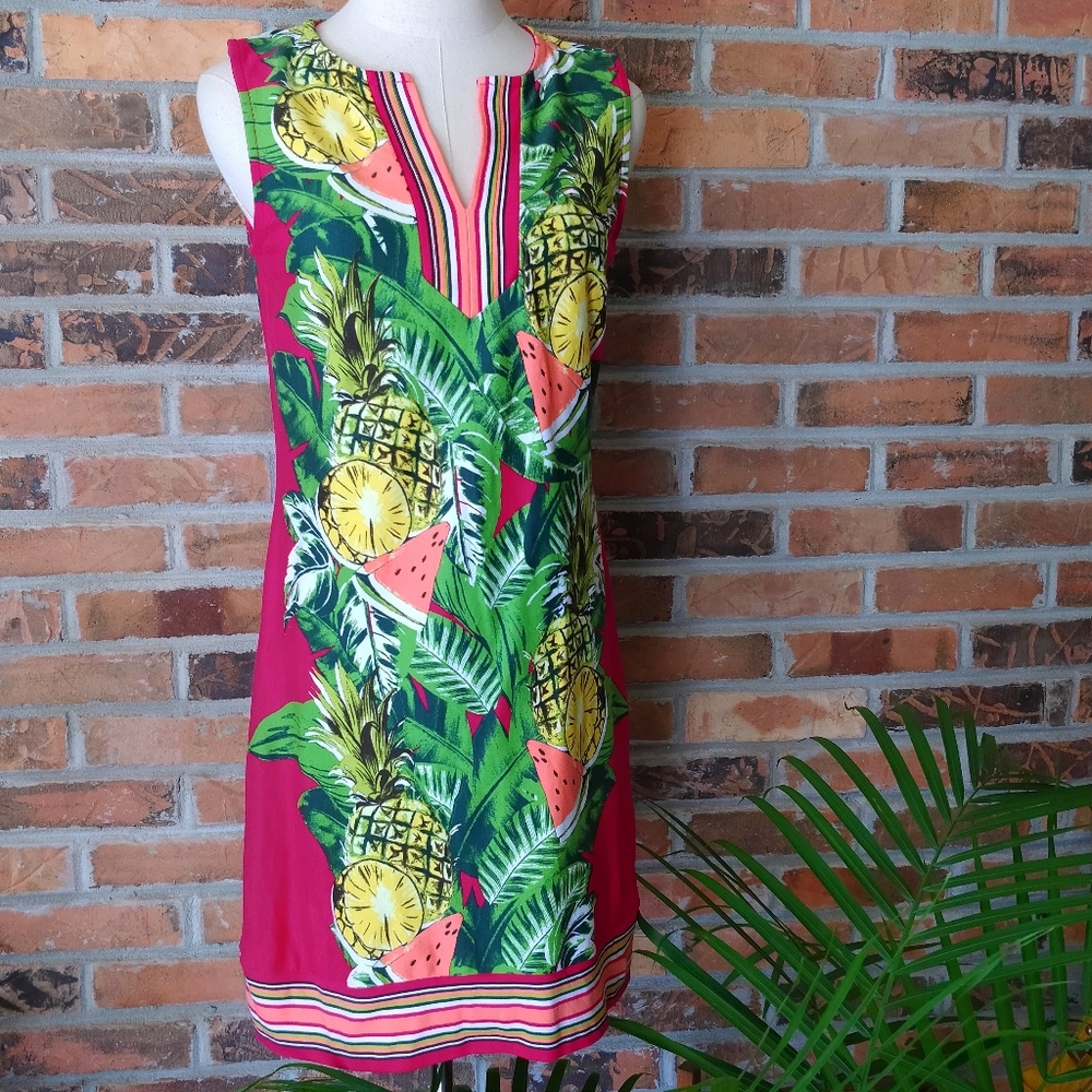 NY&C Watermelon Pineapple Print Midi Sheath Dress Y-Neck Sleeveless S Pink B5